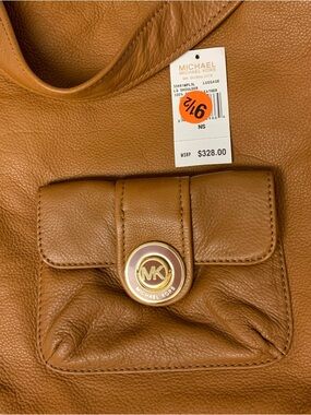 Michael Kors Pushlock Pebbled Leather cognac brown shoulder tote hobo purse